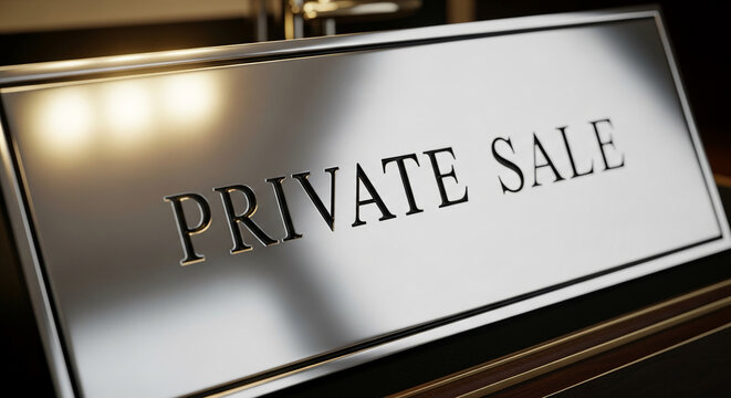 Silver plate displaying "Private Sale" in black serif font, conveying exclusivity and limited availability, suitable for business, promotion, or luxury marketing