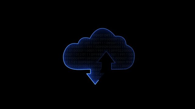 Glowing neon cloud storage with arrows, looped animation. Cloud space and technology, data backup icon.