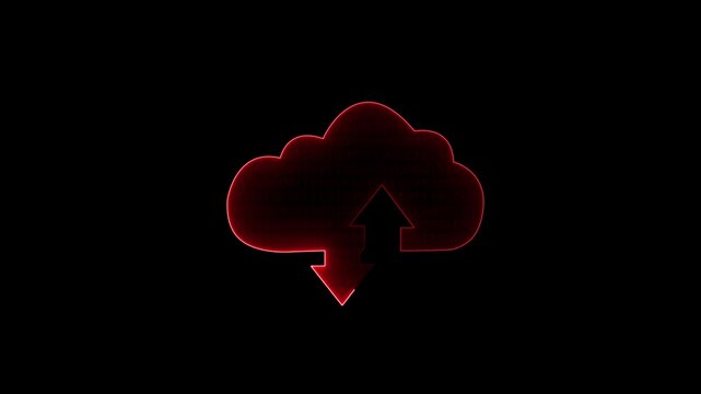 Glowing neon cloud storage with arrows, looped animation. Cloud space and technology, data backup icon.