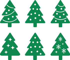 Christmas Tree Icon Set, Festive Tree Symbols, Decorated Tree Symbol, Green Christmas Tree – Green Trees with Garlands, Ornaments, Stars, and Snowflakes for Holiday, Winter, and Festive Design Project
