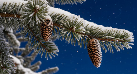 Evergreen branch covered in white snow with a brown cone against a dark blue backdrop, representing winter and the holiday season atmosphere
