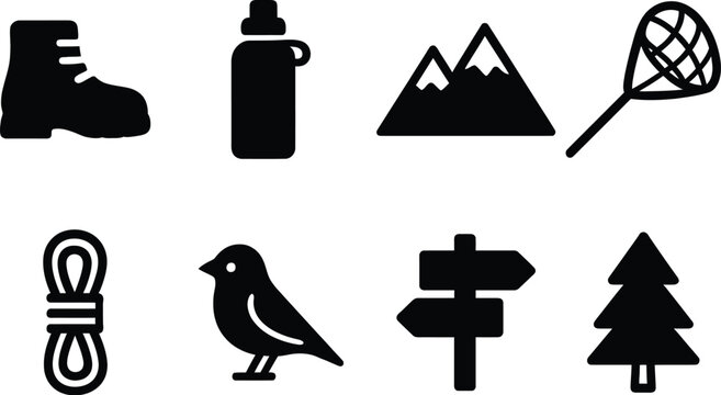 Outdoor Adventure Icon Set, Outdoor icons, Hiking gear symbols, Forest Icon Bundle &ndash; Black Silhouettes of Hiking Boot, Mountains, Rope, Bird, Tree, Water Bottle, Net, and Signpost for Nature and Campi