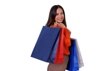 Happy woman enjoying shopping spree carrying colorful bags over shoulder, smiling during retail therapy, transparent background