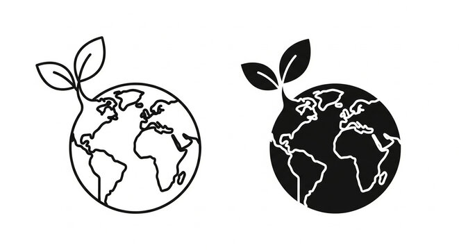 Sustainable world concept displaying sprouting leaf on earth globe in black and white, symbolizing environmental protection and growth for eco friendly future