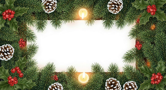 Frame of fir branch, pine cone, and red holly berries around bright candle. Symbolizes holiday season, festive atmosphere, perfect for greeting card mockup. - Powered by Adobe