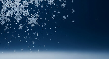Digital illustration of sparkling snowflakes on blue gradient, representing winter season, festive mood, and holiday decoration, free space for text