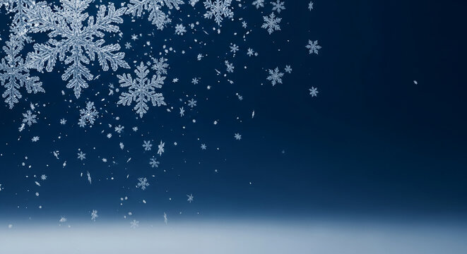 Digital illustration of sparkling snowflakes on blue gradient, representing winter season, festive mood, and holiday decoration, free space for text