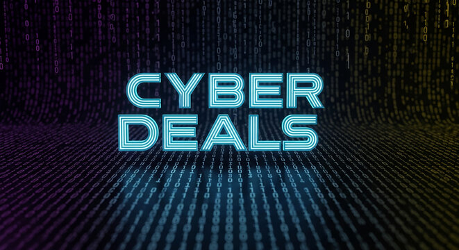 Blue luminous Cyber Deals text on binary code background, suggesting technology promotion or sale, associated with digital deals and online offers