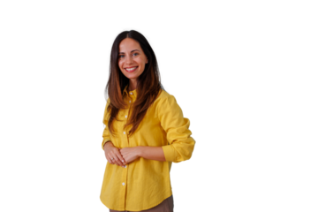 Woman smiling, feeling joy and positive emotions, posing casually for a portrait. Posing on a transparent background