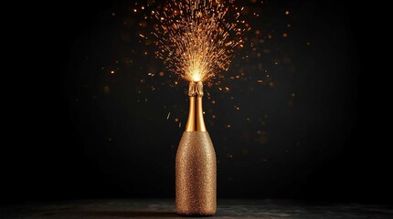 Golden sparkling champagne bottle exploding with bright glitter particles against a dark background, creating a luxurious festive celebration atmosphere full of shine, elegance, and party excitement