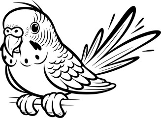 Fototapeta premium Cartoon budgerigar bird perched on branch in linear style 