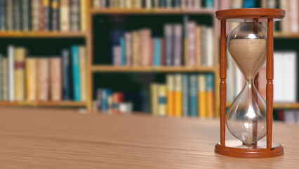 Hourglass on Table in Blurred Library Background 3d render.