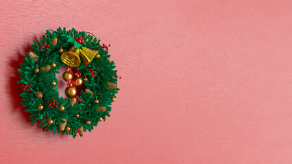 Christmas Wreath with Golden Bells on Red Background 3d render