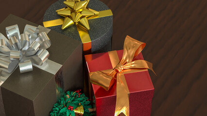 Christmas Gifts and Mini Wreath on Wooden Table 3d render.