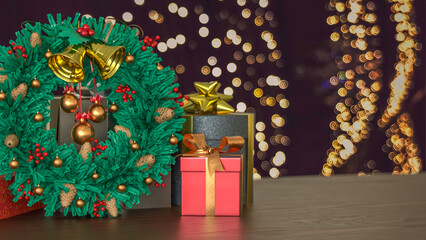 Christmas Wreath and Gift Boxes with Holiday Lights 3d render.