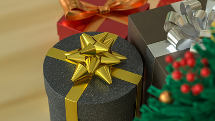 Christmas Gift Box with Golden Ribbon on Festive Table 3d render.