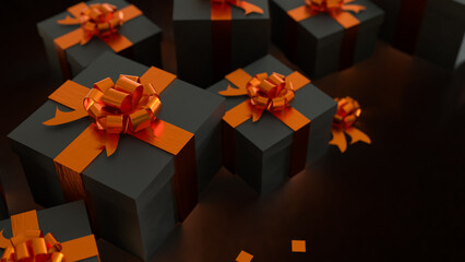 Luxury Black Gift Boxes with Orange Ribbon 3d rendering.