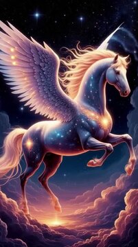 Mythical winged unicorn soaring above clouds in a starry sky  