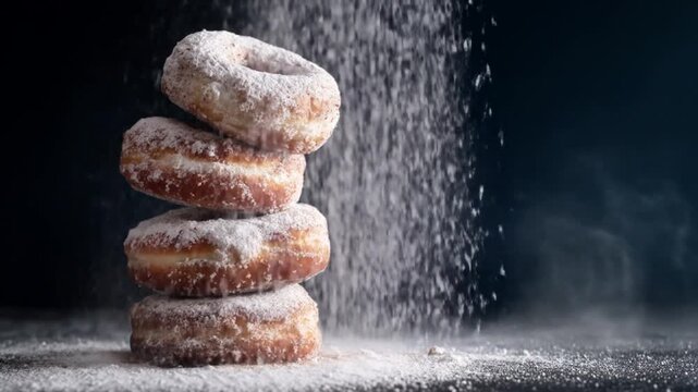 Freshly baked sugar donuts stacked high, generously dusted with falling powdered sugar on a dark background.