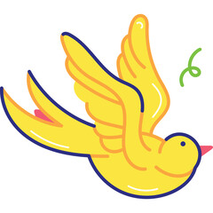 Simple Yellow Bird Illustration With Blue Outline And Pink Accents Flying With A Small Green Swirl Detail Transparent Background