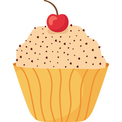 Simple Yellow Cupcake with Cream Frosting and Red Cherry Topping on Transparent Background