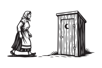 Woman in traditional clothing approaches an old wooden outhouse