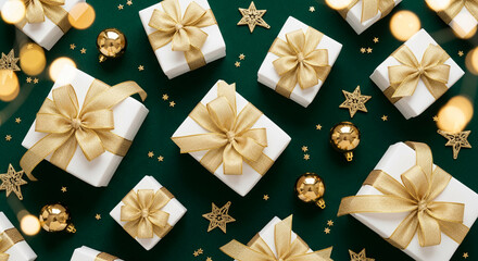 Overhead shot of gift on green surface. White gift boxes with gold ribbon, ornament and glitter star, representing festive celebration and generosity