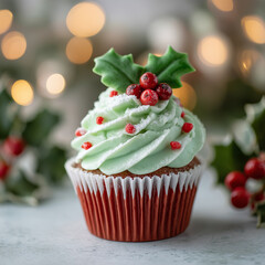 Festive Christmas Cupcake with Green Swirled Frosting and Holly Berry Decoration on White Background
