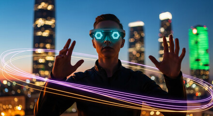 Person wearing glowing glasses, against a cityscape background. The scene depicts virtual reality interaction, representing future technology and digital interface.