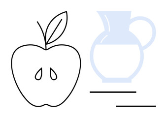 Outline apple with seeds and leaf beside translucent water pitcher and horizontal lines. Ideal for health, nutrition, food, hydration, simplicity, minimalism, healthy lifestyle. Simple flat metaphor