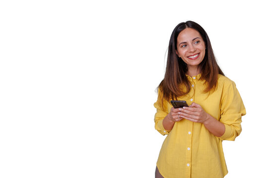 Woman smiling and texting on smartphone, using mobile app, enjoying digital communication, transparent background