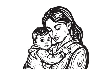 Tender embrace of mother and child in black and white art