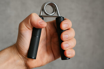Grip Strengthener: A close-up view of a hand gripping a hand exerciser, illustrating the effort of strength training and physical fitness.