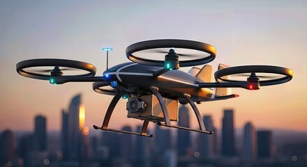 Modern autonomous delivery quadcopter flying high above an urban cityscape at sunset, showing future technology, rapid package transport, smart logistics solution concept.
