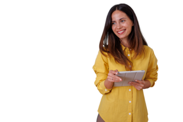 Professional woman in yellow shirt smiling, holding digital tablet, using technology for business with transparent background