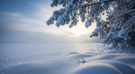 Snow-covered branch over frozen landscape, with soft sunlight and falling snowflakes, embodying serene winter beauty and nature's peacefulness