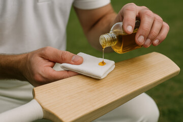 Cricket Bat Maintenance: A focused individual carefully applies protective oil to the blade of a cricket bat, ensuring its longevity and performance with meticulous detail. 