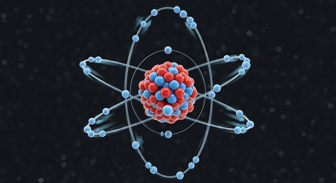 Atomic particle harmony: orbiting electron, charged proton, silent neutron, nucleus center, spinning field, quantum balance, molecular core, invisible force, physical law, structured mass,