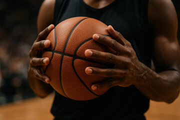 Basketball Player with Ball in Hand: Close-up of a basketball player holding a basketball, showcasing strength, control, and focus. The athlete's hands grip the ball firmly.