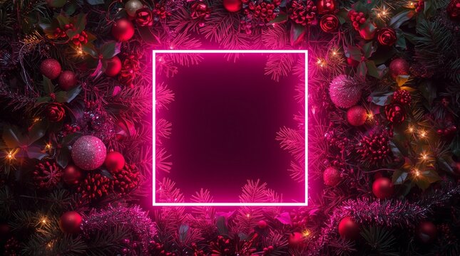 Bright pink neon frame surrounded by Christmas tree branches, red ornaments, glittering baubles, festive berries, and warm holiday lights, creating a modern glowing winter celebration atmosphere