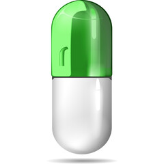 Single Green and White Capsule Medicine Isolated on White Background with Soft Shadow