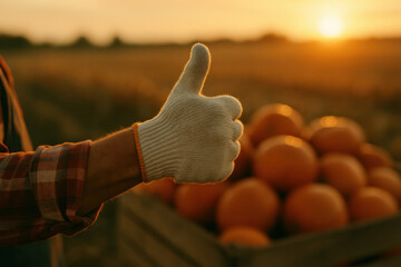 Harvest Success: A farmer's thumbs-up gesture symbolizes a bountiful harvest, with a wooden crate filled with vibrant oranges bathed in the golden hues of the setting sun.