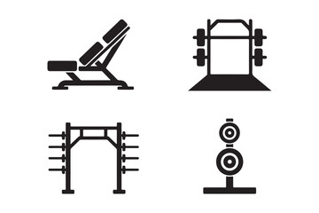 Gym equipment icons featuring weight bench squat rack and barbell storage