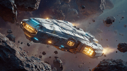 Spaceship exploring an asteroid field in deep space adventure
