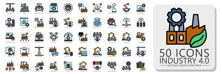 Industry 4.0 lineal color icons pack. contain automation, delivery, digital factory, IOT, green industry, monitoring, process and more. Vector for print, digital UI, UX kit, web and app development.