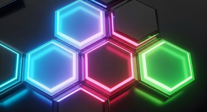 A close up of colorful hexagon shapes with glowing neon light edges