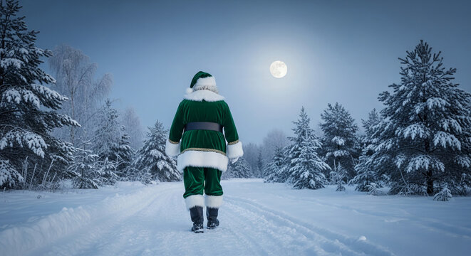 Back view of person in green costume walking on snowy path under moonlit sky, symbolizing holiday spirit and magical journey through winter landscape