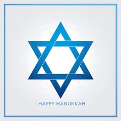Fototapeta premium A clean vector of a geometric Star of David in blue gradient tones with minimalist lines and centered layout, framed with “Happy Hanukkah” text, ideal for posters, branding, and modern holiday designs