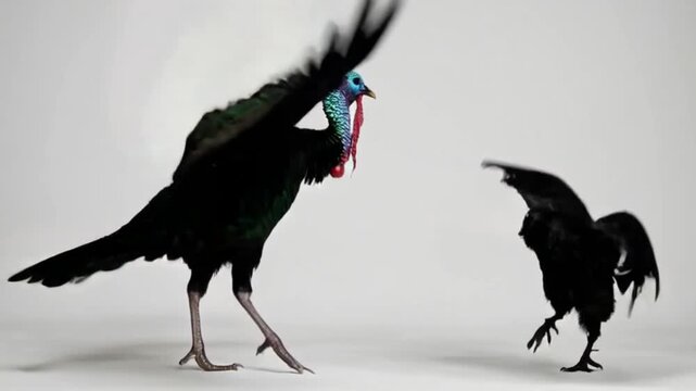 Turkey bird fighting with a rooster