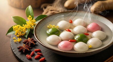 Warm Dongzhi Tangyuan glutinous rice balls steaming in a rustic bowl, adorned with delicate osmanthus flowers, vibrant goji fruit, and fragrant star anise spice,